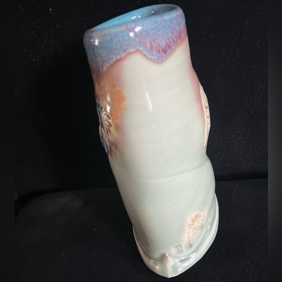 Pottery Vase CS Artisan Stamped Blue/Green/Brown 3D Floral accents. 8” H - Picture 9 of 11